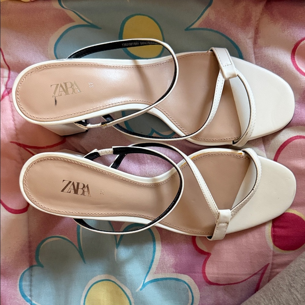 Zara Cream Strappy Block Heel Sandals with Thin Ankle Strap - Picture 5 of 6
